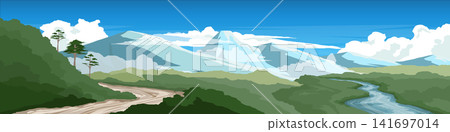 Horizontal or Landscape view of majestic mountain landscape under a bright blue, cloudy sky. It features a winding dirt path on the left leading towards the mountains and a tranquil blue river flowing Horizontal or Landscape view of majestic mountain landscape under a bright blue, cloudy sky. It features a winding dirt path on the left leading towards the mountains and a tranquil blue river flowing 141697014