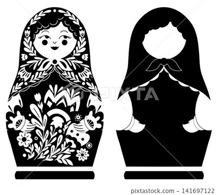Vector set of black and white Russian nesting doll with floral pattern and blank silhouette. Vector set of black and white Russian nesting doll with floral pattern and blank silhouette. 141697122