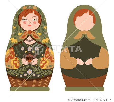 Vector set of dolls in folk art style and flat silhouette. Collection of decorative nesting dolls. Clip arts of matryoshkas with floral ornament Vector set of dolls in folk art style and flat silhouette. Collection of decorative nesting dolls. Clip arts of matryoshkas with floral ornament 141697126