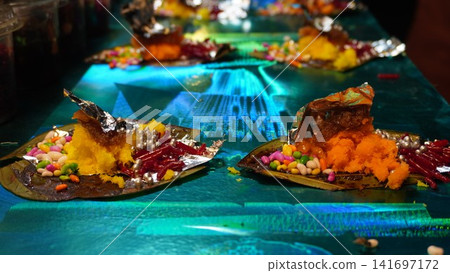 Colorful paan served on holographic surface blending tradition and modern style, modern fusion concept Colorful paan served on holographic surface blending tradition and modern style, modern fusion concept 141697172