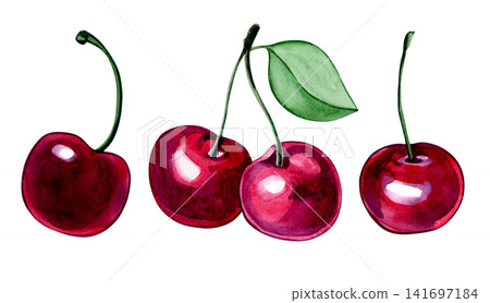 Set of cherries fruit. Watercolor illustration in a cartoon style. Set of cherries fruit. Watercolor illustration in a cartoon style. 141697184