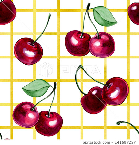 Seamless pattern with cherries on a checkered background. Watercolor illustration. Seamless pattern with cherries on a checkered background. Watercolor illustration. 141697257