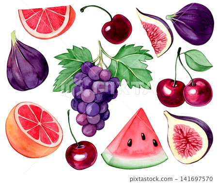 set of summer fruits: figs, cherries and grape. Watercolor illustration in a cartoon style. set of summer fruits: figs, cherries and grape. Watercolor illustration in a cartoon style. 141697570