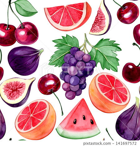 Seamless pattern of summer fruits. Watercolor illustration in a cartoon style. Seamless pattern of summer fruits. Watercolor illustration in a cartoon style. 141697572