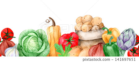 Seamless border of farm vegetables. Watercolor illustration Seamless border of farm vegetables. Watercolor illustration 141697651