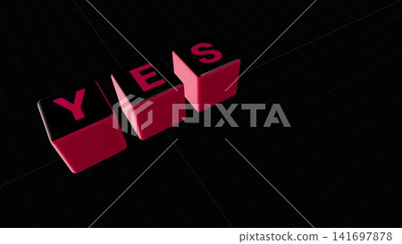 A red cube with the word "YES" glowing in the darkness. 141697878