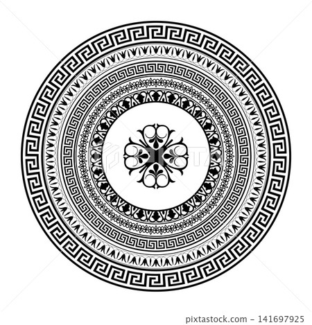 Greek round ornament in black and white. Patterns of Greece and ancient Rome. Greek vector round frame. Greek meander. Circle european border. Round antique border from Greek. Greek round ornament in black and white. Patterns of Greece and ancient Rome. Greek vector round frame. Greek meander. Circle european border. Round antique border from Greek. 141697925
