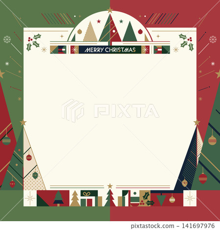 Merry Christmas square frame template with abstract element geometric forms modern retro style have blank space. 141697976