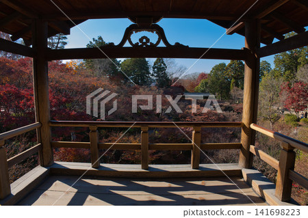 從京都東福寺的涼亭眺望,可以看到秋葉點綴的日式庭園。 從京都東福寺的涼亭眺望,可以看到秋葉點綴的日式庭園。 141698223