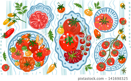 Colorful tomato assortment arranged on decorative plates Colorful tomato assortment arranged on decorative plates 141698325