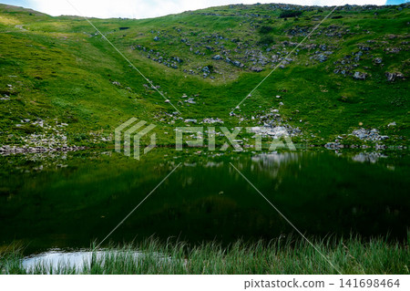 A tranquil alpine lake reflecting a steep green mountain slope scattered with rocks. Small pine shrubs line the foreground under a cloudy summer sky. Nesamovite lakes in the Ukrainian Carpathians A tranquil alpine lake reflecting a steep green mountain slope scattered with rocks. Small pine shrubs line the foreground under a cloudy summer sky. Nesamovite lakes in the Ukrainian Carpathians 141698464