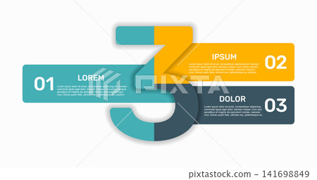 Three-step horizontal banner infographic template with a large number 3, text and business icons. Vector illustration. Three-step horizontal banner infographic template with a large number 3, text and business icons. Vector illustration. 141698849