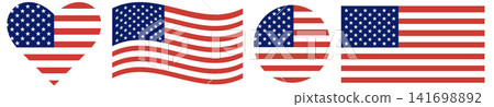 United States of America flags collection. Flag of USA in heart shape isolated. Waving flag of United States of America isolated. Circle flag of USA isolated in round shape. 141698892