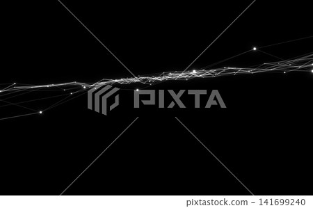 An abstract network of intersecting lines of light, glowing against a black background. 141699240