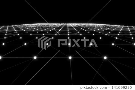 A sprawling grid-like network of light, a futuristic digital space. 141699250