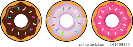 Three delicious glazed donuts set with colorful sprinkles for bakery menu poster sweet dessert food store graphic illustration card layout Three delicious glazed donuts set with colorful sprinkles for bakery menu poster sweet dessert food store graphic illustration card layout 141699333