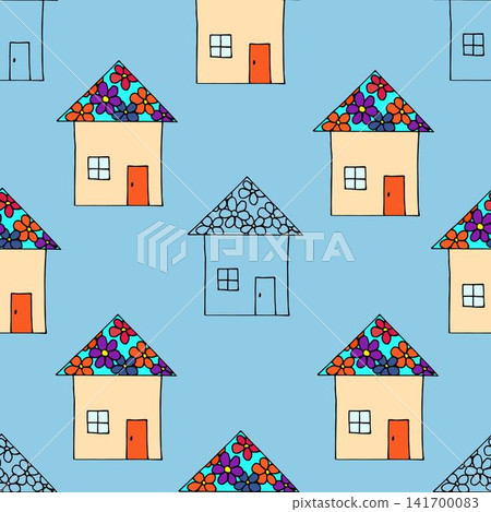 Simple hand-drawn vector seamless pattern for kids design. Cute little colored houses on a blue background. For prints of fabric, wallpaper, clothing, textile products, home decor. Simple hand-drawn vector seamless pattern for kids design. Cute little colored houses on a blue background. For prints of fabric, wallpaper, clothing, textile products, home decor. 141700083