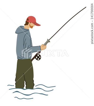 Simple color vector illustration. A fisherman with a fishing rod stands in the water. A man with a red beard, a cap, a blue jacket. Summer hobby and sports. Simple color vector illustration. A fisherman with a fishing rod stands in the water. A man with a red beard, a cap, a blue jacket. Summer hobby and sports. 141700084