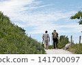 Hikers walking along mountain trails 141700097