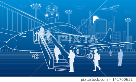 Modern airport vector illustration with passengers boarding an airplane, city skyline, air traffic control tower and aircraft in flight. Travel, aviation and business transportation concept. 141700631
