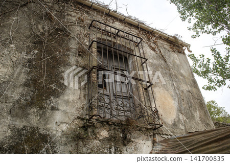 Vintage wooden shutter window in a rusted iron cage on a Spanish building surrounded by growth Vintage wooden shutter window in a rusted iron cage on a Spanish building surrounded by growth 141700835