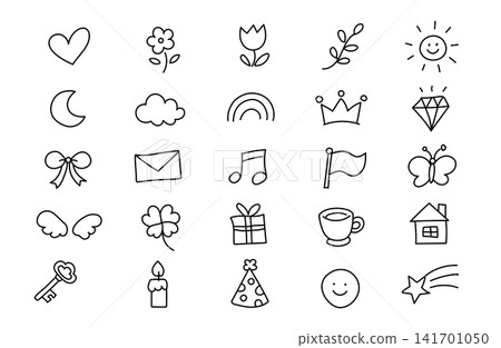 Cute hand-drawn style icon set: monochrome line art, simple illustration materials. Cute hand-drawn style icon set: monochrome line art, simple illustration materials. 141701050