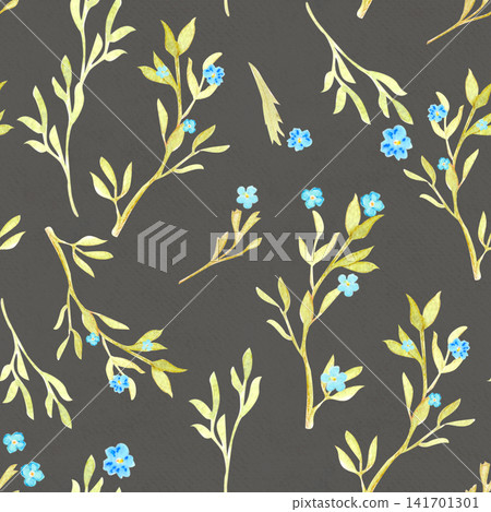 Forget-me-not watercolor seamless pattern on charcoal gray background. Airy botanical design, hand painted in soft tones, perfect for textile, packaging, wedding stationery and minimalist branding Forget-me-not watercolor seamless pattern on charcoal gray background. Airy botanical design, hand painted in soft tones, perfect for textile, packaging, wedding stationery and minimalist branding 141701301