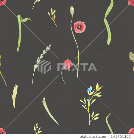 Wildflowers watercolor seamless pattern. Poppy flowers, grass and forget me nots. Airy botanical design on dark background, perfect for fabric, packaging, wallpaper and feminine branding Wildflowers watercolor seamless pattern. Poppy flowers, grass and forget me nots. Airy botanical design on dark background, perfect for fabric, packaging, wallpaper and feminine branding 141701302