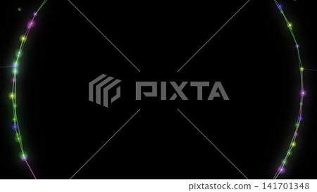 A circular arc of colorful dots glowing against a black background. A circular arc of colorful dots glowing against a black background. 141701348