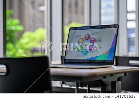 The screen of a laptop placed on a desk in the classroom The screen of a laptop placed on a desk in the classroom 141701622