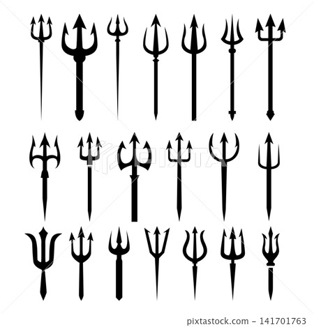 A collection of various black trident silhouettes and icons featuring different pitchfork and spear designs, isolated on a white background. A collection of various black trident silhouettes and icons featuring different pitchfork and spear designs, isolated on a white background. 141701763