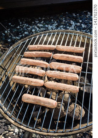 Sausages lined up on a barbecue grill for a barbecue dinner at home. Sausages lined up on a barbecue grill for a barbecue dinner at home. 141702370