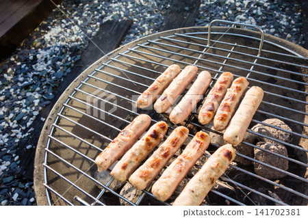 Sausages lined up on a barbecue grill for a barbecue dinner at home. Sausages lined up on a barbecue grill for a barbecue dinner at home. 141702381