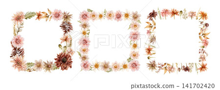 Autumn flower Frame Set Fall plants Dahlia Chrysanthemum. Watercolor hand drawn floral illustration isolated on white background wedding home textile cosmetic package porcelain crockery template Autumn flower Frame Set Fall plants Dahlia Chrysanthemum. Watercolor hand drawn floral illustration isolated on white background wedding home textile cosmetic package porcelain crockery template 141702420