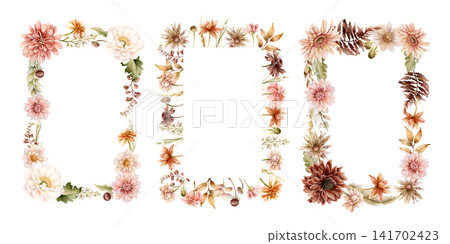 Autumn flower Frame Set Fall plants Dahlia Chrysanthemum. Watercolor hand drawn floral illustration isolated on white background wedding home textile cosmetic package porcelain crockery template Autumn flower Frame Set Fall plants Dahlia Chrysanthemum. Watercolor hand drawn floral illustration isolated on white background wedding home textile cosmetic package porcelain crockery template 141702423