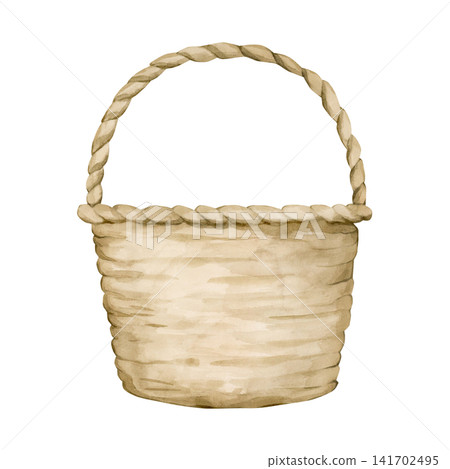 Wicker Basket. Watercolor hand drawn floral food illustration isolated on white background for farm garden design home kitchen textile cozy print porcelain crockery package cottagecore style picnic Wicker Basket. Watercolor hand drawn floral food illustration isolated on white background for farm garden design home kitchen textile cozy print porcelain crockery package cottagecore style picnic 141702495