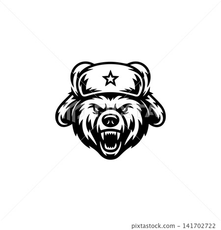 Aggressive bear mascot head, growling, wearing a Soviet/Russian ushanka hat with a star. Black and white vector logo for gaming, eSports, or sport team design. Aggressive bear mascot head, growling, wearing a Soviet/Russian ushanka hat with a star. Black and white vector logo for gaming, eSports, or sport team design. 141702722