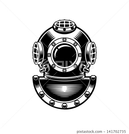 Vintage deep sea diver helmet vector graphic. Retro old school diving gear illustration perfect for maritime logo, adventure icon, or marine exploration themes. Vintage deep sea diver helmet vector graphic. Retro old school diving gear illustration perfect for maritime logo, adventure icon, or marine exploration themes. 141702735