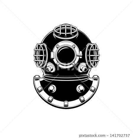 Vintage deep sea diver helmet vector graphic. Retro old school diving gear illustration perfect for maritime logo, adventure icon, or marine exploration themes. 141702737