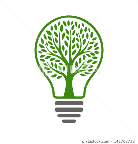 Eco-friendly light bulb vector with a growing tree inside. Green energy, nature, and recycling concept logo perfect for environmental campaigns, innovation, and sustainable design. Eco-friendly light bulb vector with a growing tree inside. Green energy, nature, and recycling concept logo perfect for environmental campaigns, innovation, and sustainable design. 141702738