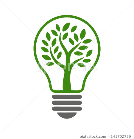 Eco-friendly light bulb vector with a growing tree inside. Green energy, nature, and recycling concept logo perfect for environmental campaigns, innovation, and sustainable design. Eco-friendly light bulb vector with a growing tree inside. Green energy, nature, and recycling concept logo perfect for environmental campaigns, innovation, and sustainable design. 141702739