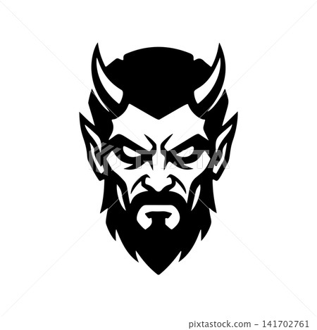 Furious demon monster head vector with beard and horns. Aggressive monochromatic design for gaming, eSports mascot, fantasy illustration, or heavy metal band logo. 141702761