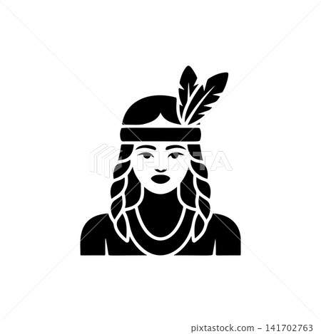 Native American woman portrait vector with braids, headband, and feather. Monochromatic design for indigenous culture, heritage, power, tattoo, or historical themes. Native American woman portrait vector with braids, headband, and feather. Monochromatic design for indigenous culture, heritage, power, tattoo, or historical themes. 141702763