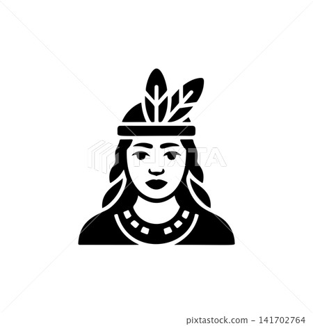 Native American woman portrait vector with braids, headband, and feather. Monochromatic design for indigenous culture, heritage, power, tattoo, or historical themes. Native American woman portrait vector with braids, headband, and feather. Monochromatic design for indigenous culture, heritage, power, tattoo, or historical themes. 141702764