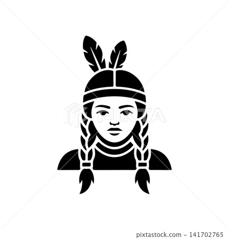 Native American woman portrait vector with braids, headband, and feather. Monochromatic design for indigenous culture, heritage, power, tattoo, or historical themes. Native American woman portrait vector with braids, headband, and feather. Monochromatic design for indigenous culture, heritage, power, tattoo, or historical themes. 141702765