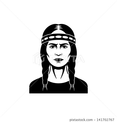 Native American woman portrait vector with braids, headband, and feather. Monochromatic design for indigenous culture, heritage, power, tattoo, or historical themes. Native American woman portrait vector with braids, headband, and feather. Monochromatic design for indigenous culture, heritage, power, tattoo, or historical themes. 141702767
