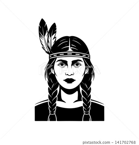 Native American woman portrait vector with braids, headband, and feather. Monochromatic design for indigenous culture, heritage, power, tattoo, or historical themes. Native American woman portrait vector with braids, headband, and feather. Monochromatic design for indigenous culture, heritage, power, tattoo, or historical themes. 141702768
