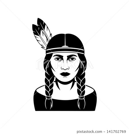 Native American woman portrait vector with braids, headband, and feather. Monochromatic design for indigenous culture, heritage, power, tattoo, or historical themes. Native American woman portrait vector with braids, headband, and feather. Monochromatic design for indigenous culture, heritage, power, tattoo, or historical themes. 141702769