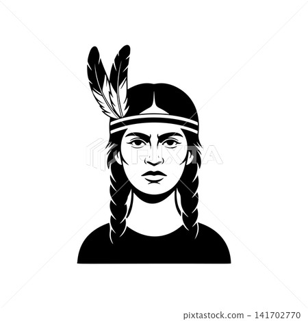 Native American woman portrait vector with braids, headband, and feather. Monochromatic design for indigenous culture, heritage, power, tattoo, or historical themes. Native American woman portrait vector with braids, headband, and feather. Monochromatic design for indigenous culture, heritage, power, tattoo, or historical themes. 141702770