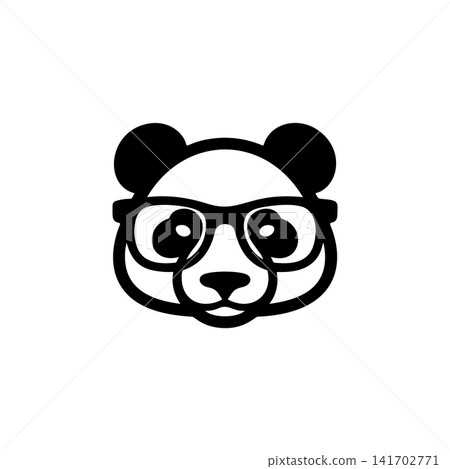 Cute panda bear mascot head vector, wearing large framed glasses. Monochrome design for smart, education, technology, eSports, or hipster animal logo and branding. 141702771